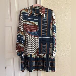 Zara Scarf Print Pleated Shirt Dress Collored Silk Dress L